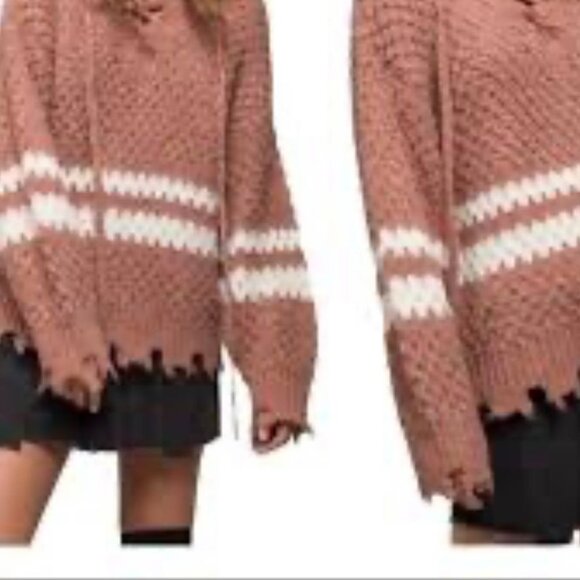 Distressed Knit Cardigan Sweater By Moon River S Brown & White Chevron Pattern - Picture 2 of 12